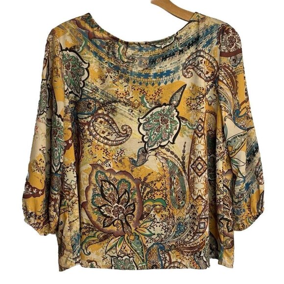 Zara W/B Collection Crop Top Wrap Front LG Yellow Paisley Floral Boho Festival - Picture 2 of 13